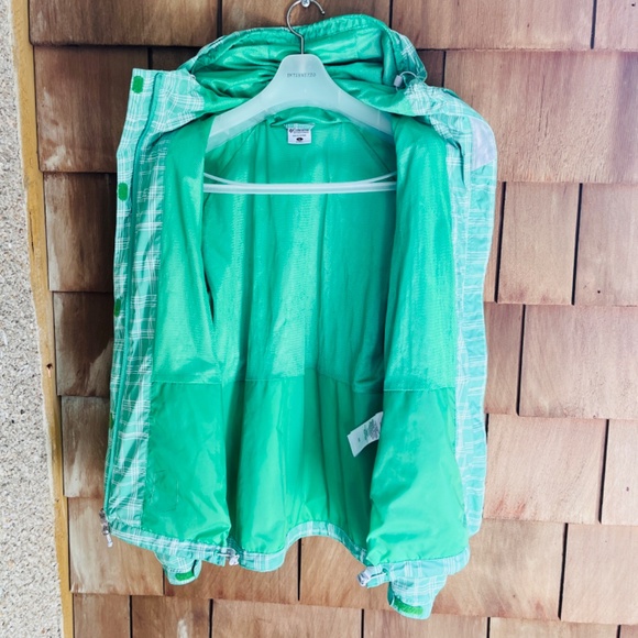 Columbia Plaid  Waterproof Rain Hoodie Jacket Med Light Green White Size L - Picture 13 of 16